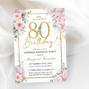 Invitation Cadre doré pour 80e anniversaire Fleurs roses blus