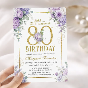 Invitation Cadre doré pour 80e anniversaire fleurs violettes