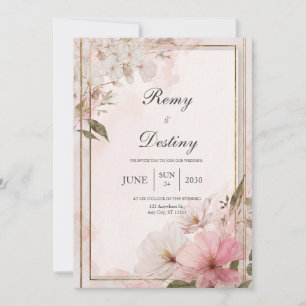 Invitation Cadre doré rose fuchsia aquarelle florale mariage