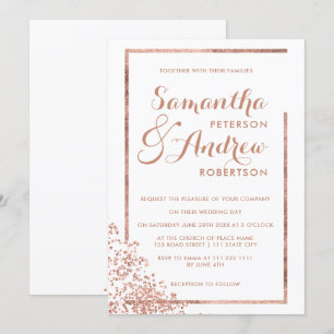 Invitation Cadre doré rose moderne blanc confetti mariage
