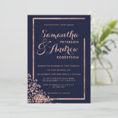 Invitation Cadre doré rose moderne marine confetti mariage (Debout devant)