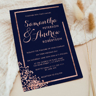 Invitation Cadre doré rose moderne marine confetti mariage