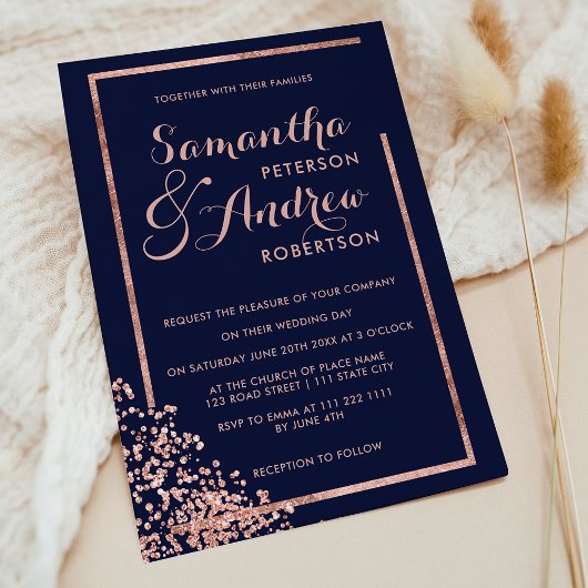 Invitation Cadre doré rose moderne marine confetti mariage