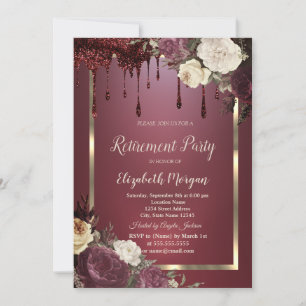 Invitation Cadre doré Roses bordeaux Drips Paillettes Retrait