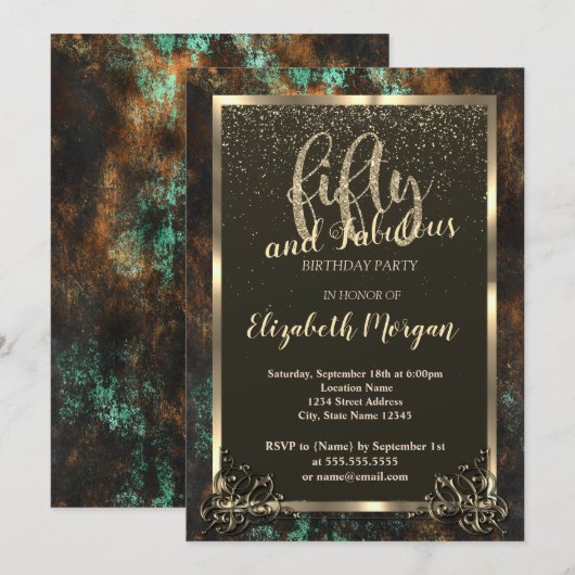 Invitation Cadre doré Teal Cooper Patina 50th (Devant / Derrière)