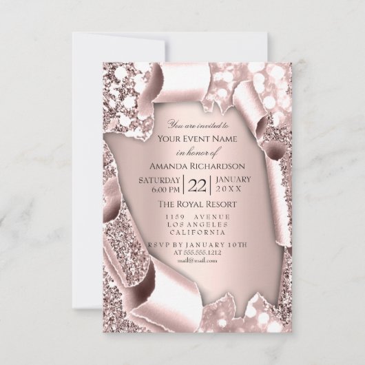 Invitation Cadre effet paillettes 3D Rose rose mariage  (Devant)