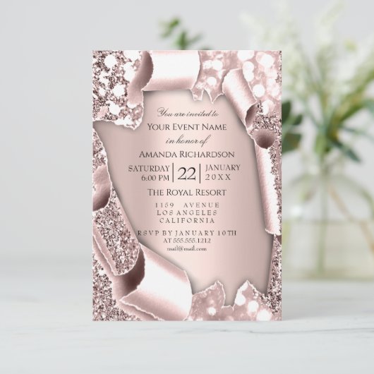 Invitation Cadre effet paillettes 3D Rose rose mariage  (Debout devant)