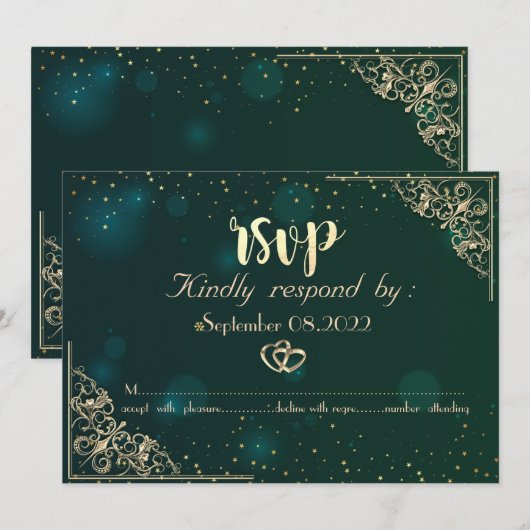 Invitation Cadre élégant à coeurs dorés pour mariage  RSVP  (Devant / Derrière)