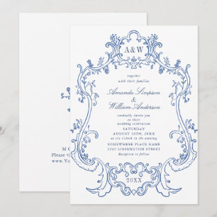 Invitation Cadre élégant baroque poussiéreux bleu orné mariag