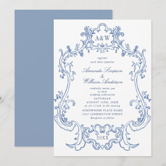 Invitation Cadre élégant baroque poussiéreux bleu orné Mariag