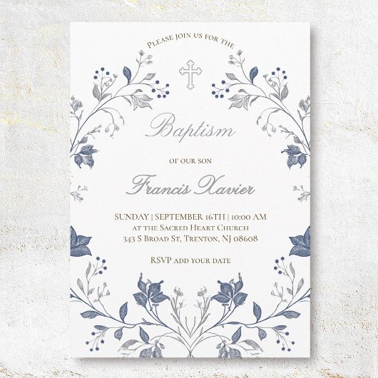 Invitation cadre élégant bleu Baptême