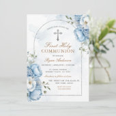 Invitation Cadre élégant Bleu Floral Première Communion Saint (Debout devant)