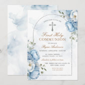 Invitation Cadre élégant Bleu Floral Première Communion Saint (Devant / Derrière)