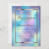 Invitation Cadre élégant Confetti Holographique Quinceañera (Devant)
