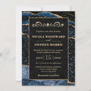 Invitation Cadre élégant en or agate bleue de mariage