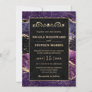Invitation Cadre élégant en or agate rose et violet pour mari