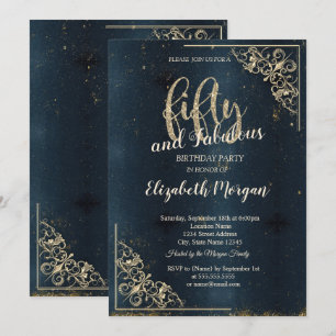Invitation Cadre élégant en or Anniversaire 50 ans bleu foncé