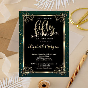 Invitation Cadre élégant en or, Fête d'anniversaire verte 50