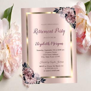 Invitation Cadre élégant en or, Fleurs en or rose pour départ