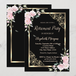 Invitation Cadre élégant en or Fleurs roses Retraite