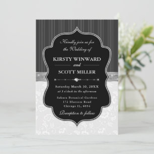 Invitation Cadre Élégant Noir Blanc Fleurs Mariage