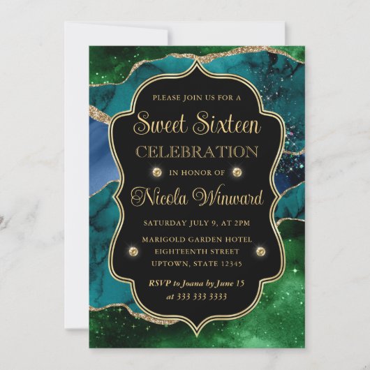 Invitation Cadre en Agate Pailleté Bleu, Vert et Or Sweet 16 (Devant)
