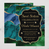 Invitation Cadre en Agate Pailleté Bleu, Vert et Or Sweet 16 (Devant / Derrière)