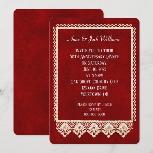 Invitation cadre en dentelle pour fête d'anniversaire sur fon (Devant / Derrière)