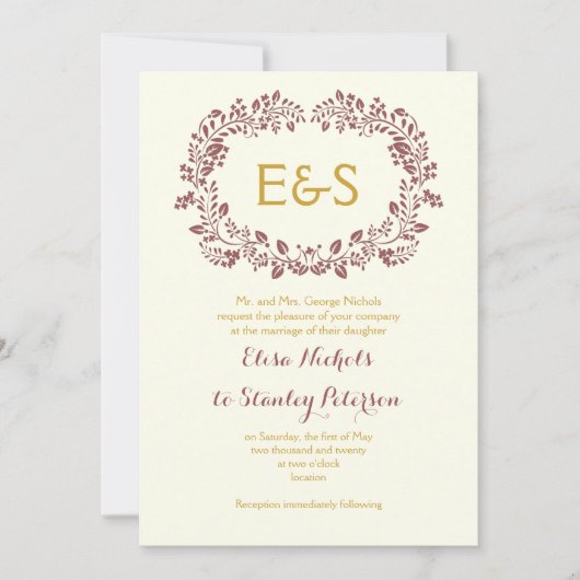 Invitation Cadre en feuille de Marsala avec initiales mariage (Devant)