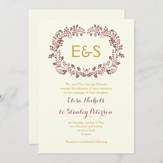 Invitation Cadre en feuille de Marsala avec initiales mariage (Devant / Derrière)