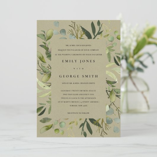 INVITATION CADRE EN JAUNE DE KRAFT MARIAGE EN FOLIAGE VERT EN (Debout devant)