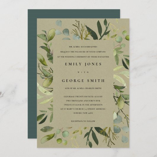 INVITATION CADRE EN JAUNE DE KRAFT MARIAGE EN FOLIAGE VERT EN (Devant / Derrière)
