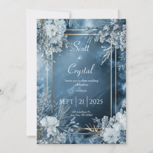 Invitation Cadre en or bleu de minuit Fleurs hivernales givre