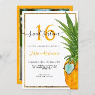 Invitation Cadre en or cool d'ananas d'été Sweet 16 photo