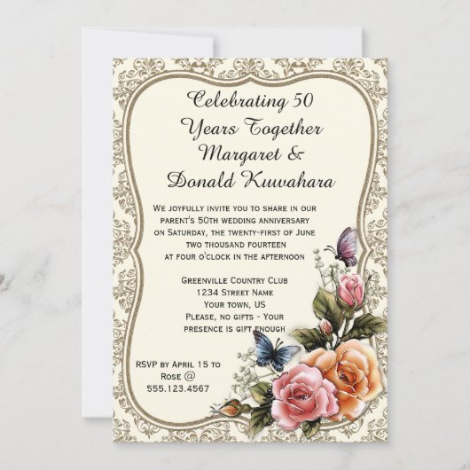 Invitation Cadre en or damassé Roses 50e anniversaire (Devant)