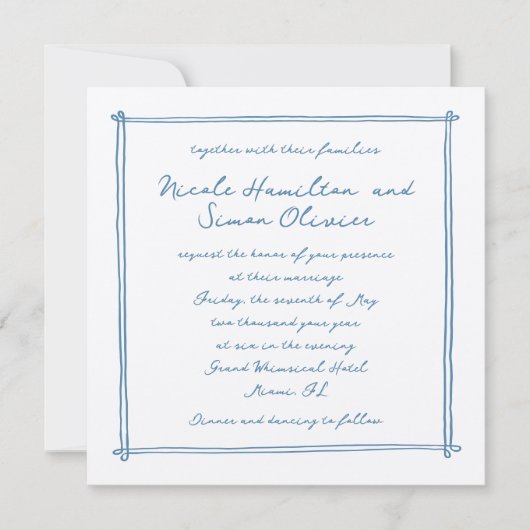 Invitation Cadre esquissé Blue Whimsical Main tiré Mariage (Devant)
