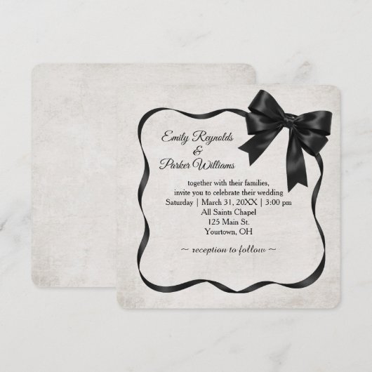Invitation Cadre et nœud en ruban de satin noir pour mariage (Devant / Derrière)