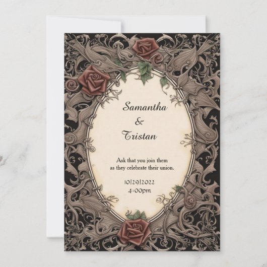 Invitation Cadre feuille de Filigree et Mariage Goth Rose (Devant)