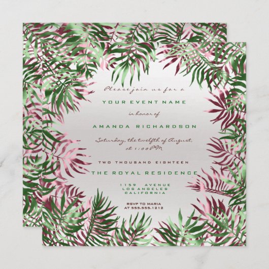 Invitation Cadre feuille de palmier vert tropical argent burg (Devant / Derrière)