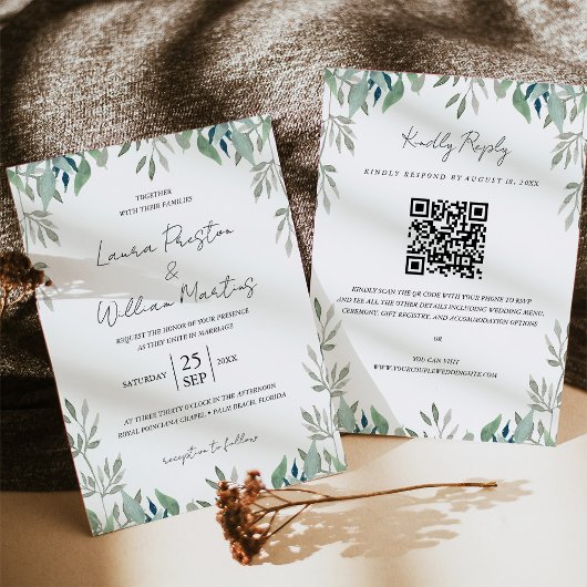 Invitation Cadre Feuille vert Code QR Mariage RSVP