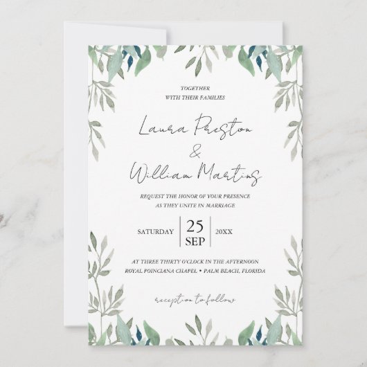 Invitation Cadre Feuille vert Code QR Mariage RSVP (Devant)