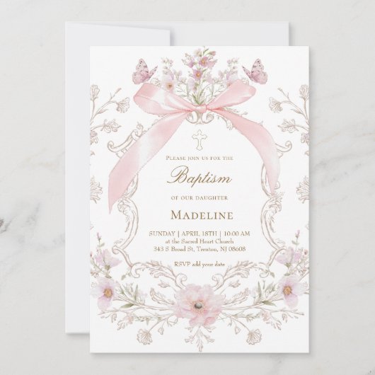 Invitation cadre fille de baptême avec ruban rose et fleurs (Devant)