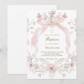 Invitation cadre fille de baptême avec ruban rose et fleurs (Devant / Derrière)