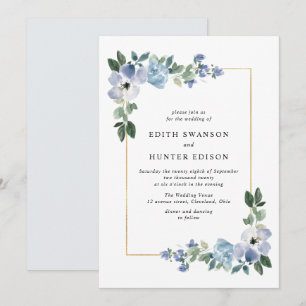 Invitation cadre fleuri bleu et vert mariage