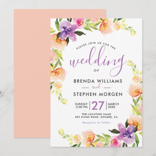 Invitation Cadre fleuri couleur aquarelle (Devant / Derrière)