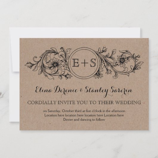 Invitation Cadre fleuri en carton Kraft avec initiales mariag (Devant)