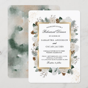 Invitation Cadre Fleurs Blanches et Pin Aquarelle d'Hiver