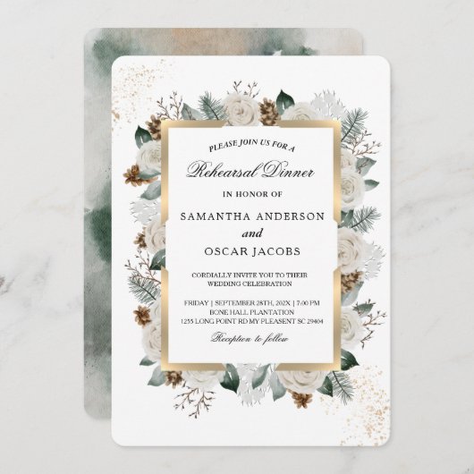 Invitation Cadre Fleurs Blanches & Pin Aquarelle d'Hiver (Devant / Derrière)