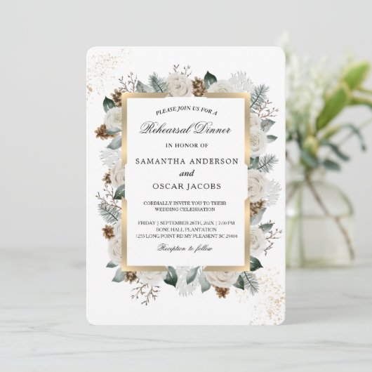 Invitation Cadre Fleurs Blanches & Pin Aquarelle d'Hiver (Debout devant)