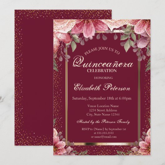 Invitation Cadre Fleurs Élégantes Confetti Quinceañera (Devant / Derrière)